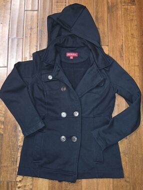 Merona Women’s Black Hooded Double-Breasted Coat, Medium